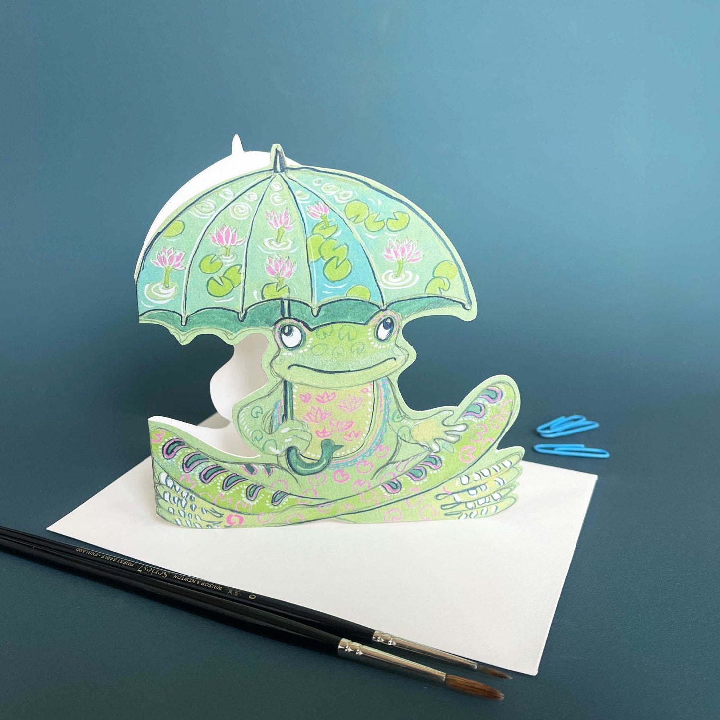 Frog with Umbrella - Die Cut Greetings Card