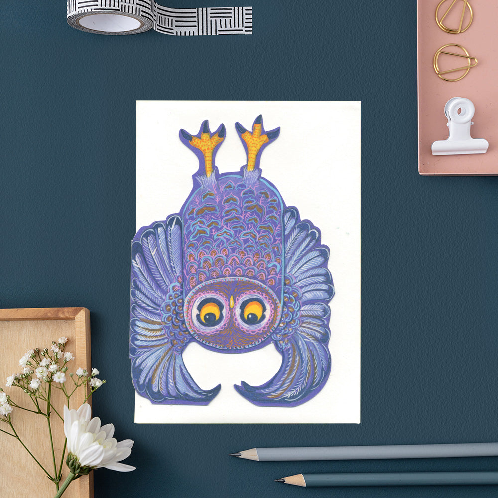 Owl doing a wing stand - Die Cut Greetings Card