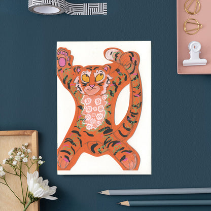 Tiger  doing a Star jump- Die Cut Greetings Card