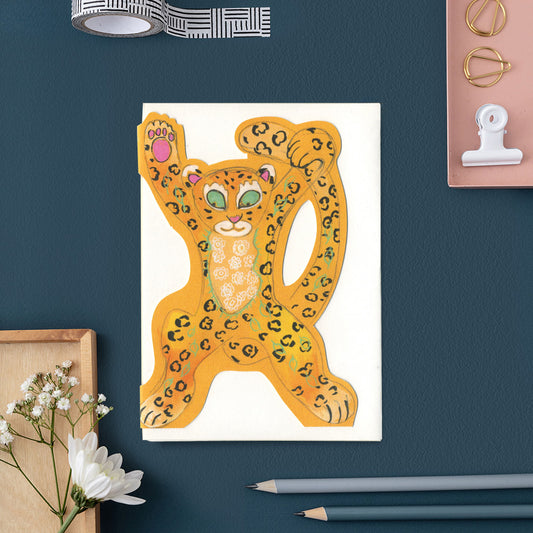 Leopard doing a Star jump- Die Cut Greetings Card