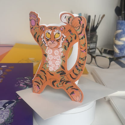 Tiger  doing a Star jump- Die Cut Greetings Card